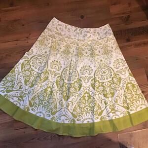 Green White Tribal Block Print A Line Midi Skirt Cotton Size 12